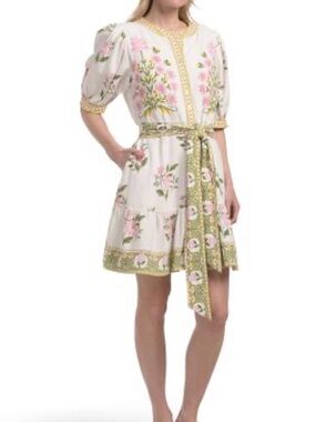 caluroso St Barth Floral Embroidered Belted Mini Dress - Pink & Green on Ivory